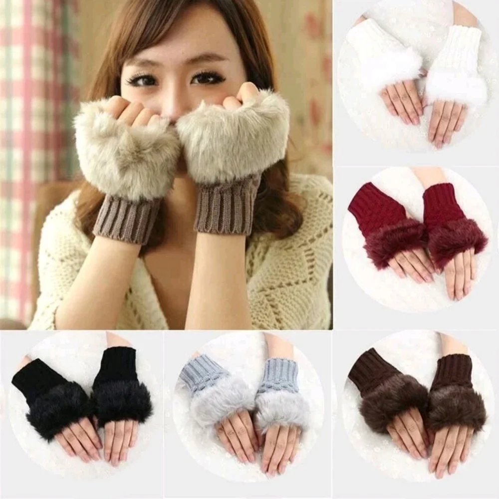 Dark Red Faux Fur Fingerless Magic Stretchy Cropped Winter Sweater Knit Gloves
